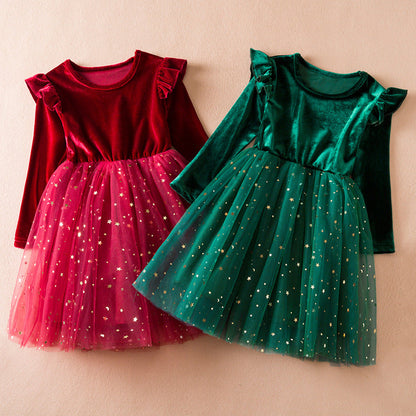 Wholesale Christmas Children's Long Sleeved Star Sequin Mesh Cotton Dresses
