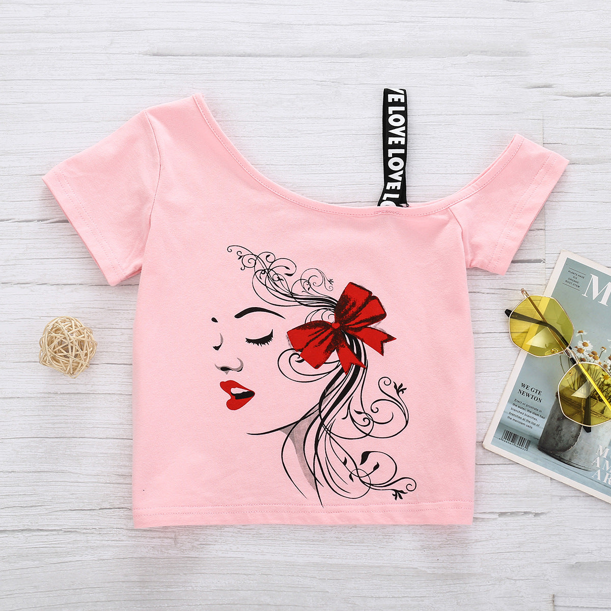 Shoulder diagonal collar short sleeve T-shirt denim skirt 2-piece set