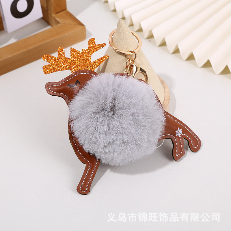 Christmas Leather Elk Santa Claus Fur Ball Keychain