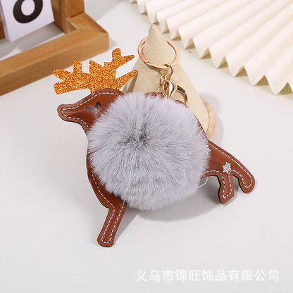 Christmas Leather Elk Santa Claus Fur Ball Keychain