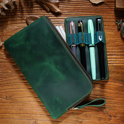 Cowhide Zipper Crazy Horse Leather Multi-functional Zipper Pencil Case