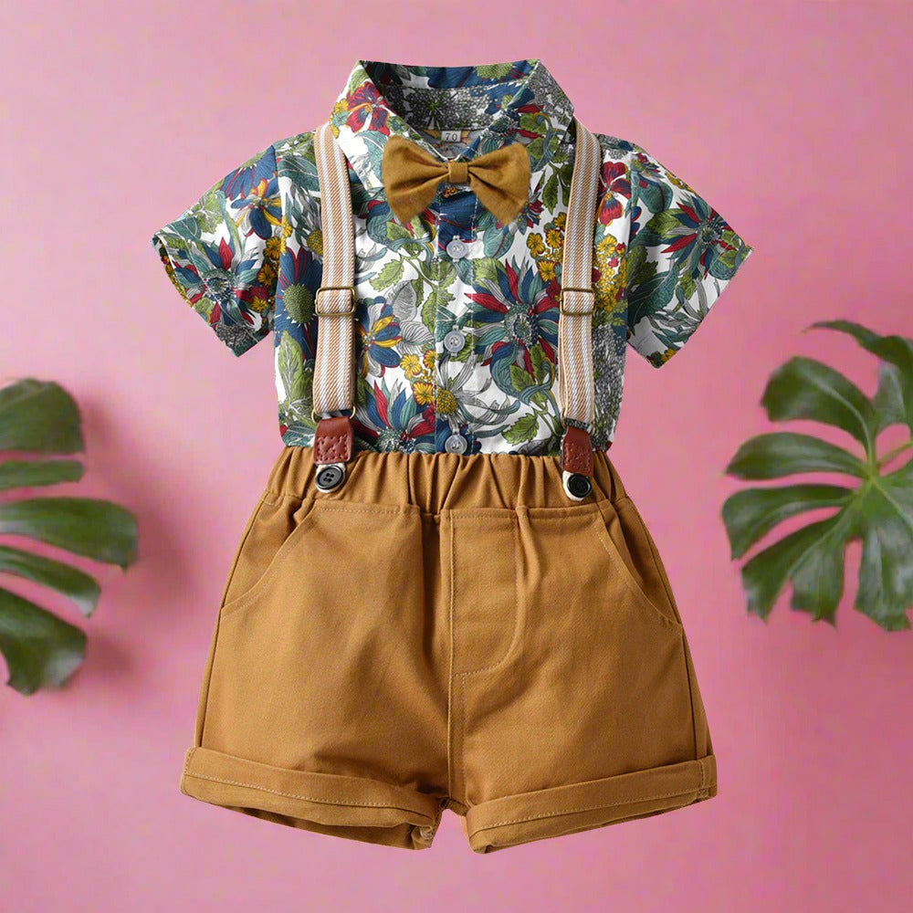 Children's Cotton Short Sleeved Printed Shirts and Suspenders