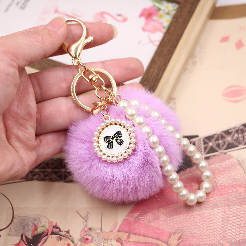 Imitation Rex Rabbit Fur Ball Pearl Chain Bow