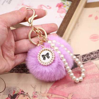 Imitation Rex Rabbit Fur Ball Pearl Chain Bow
