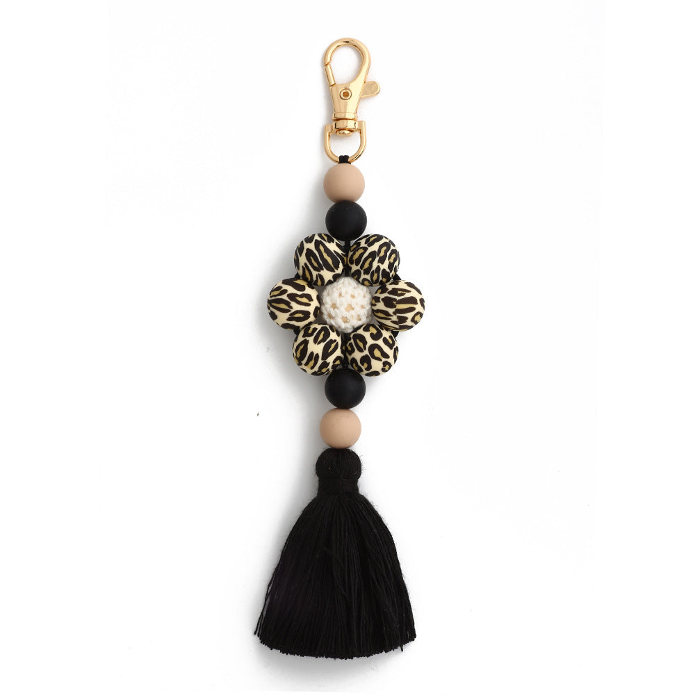 Leopard Print Sunflower Silicone Beaded Tassel Keychain