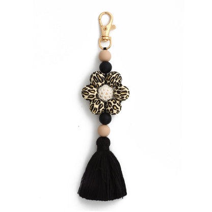 Leopard Print Sunflower Silicone Beaded Tassel Keychain
