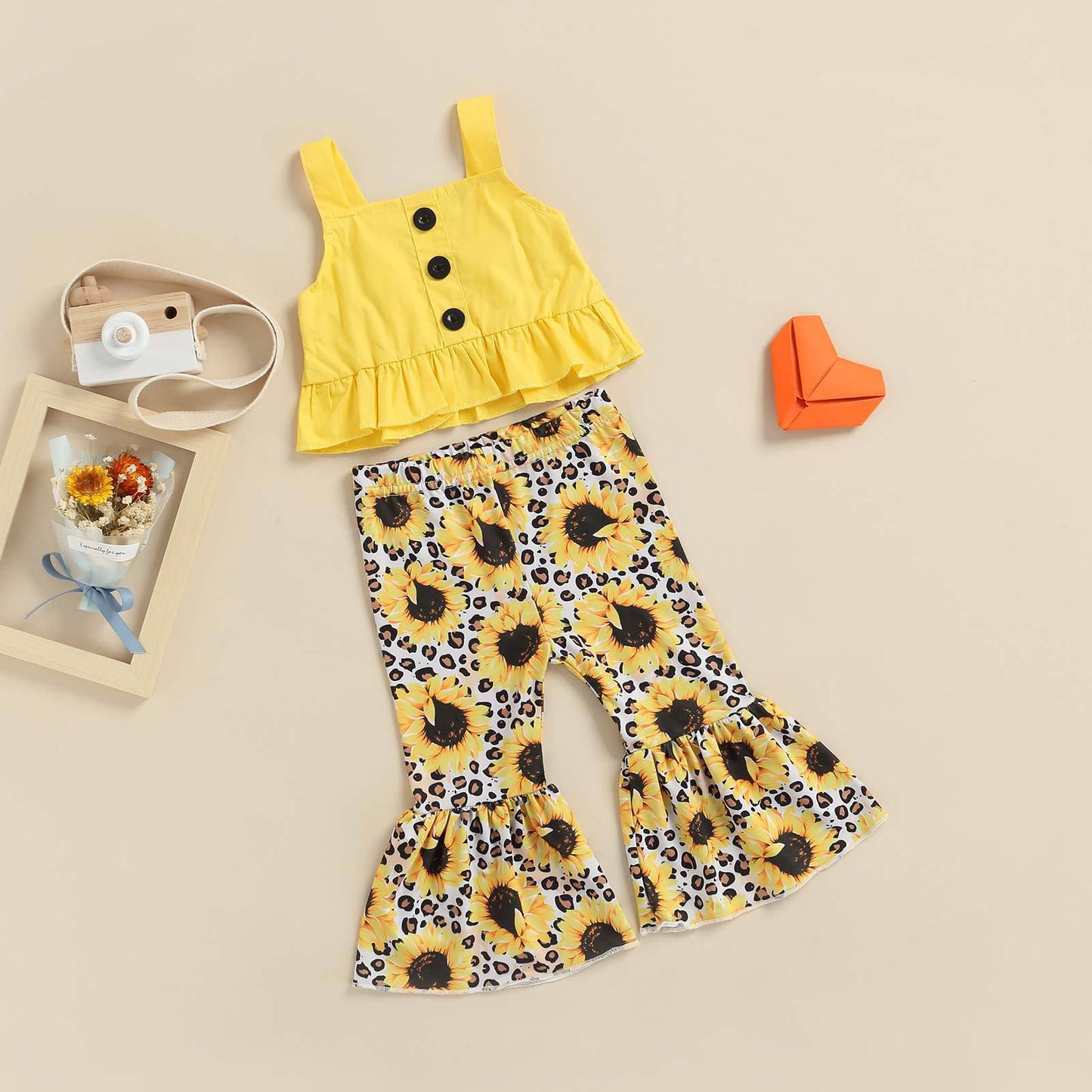 Cotton Children's Camisole Flower Flared Pants Suit