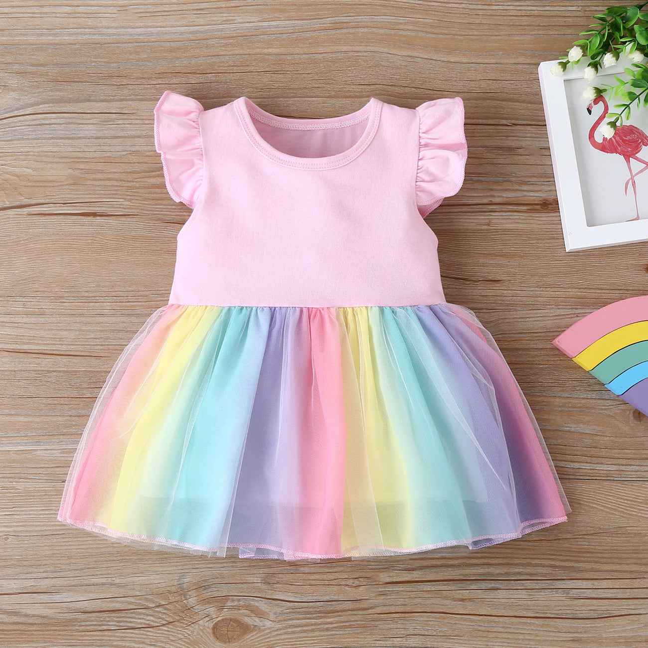 Girls Mesh Rainbow Dress Cotton Baby Clothes