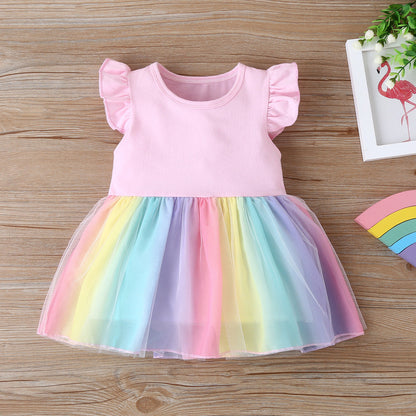Girls Mesh Rainbow Dress Cotton Baby Clothes