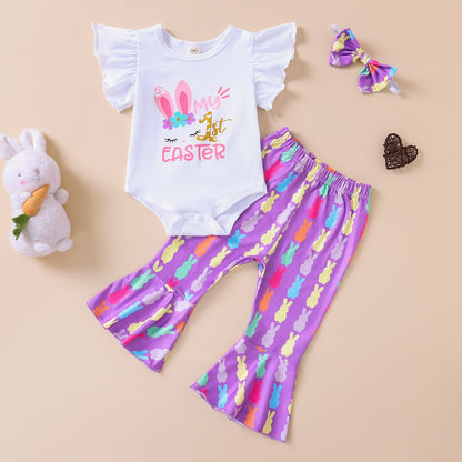Cotton Children's Sleeve Candy Flower Colored Trumpet Pants Set