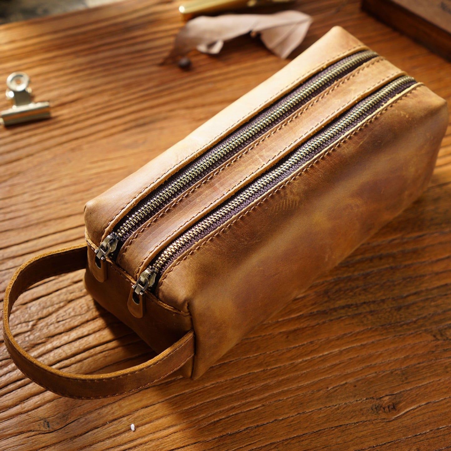Leather Simple Large -capacity Creative Double -layer Zipper Bag