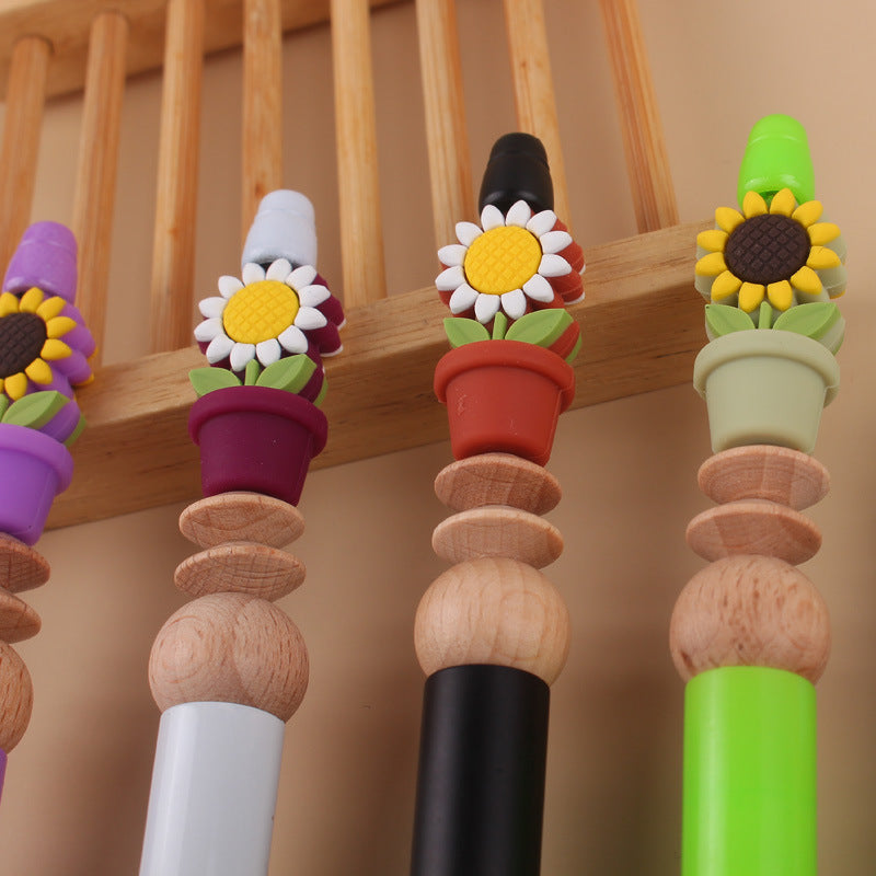 Handmade Beadable Cartoon Sunflower Silicone Wooden Bead