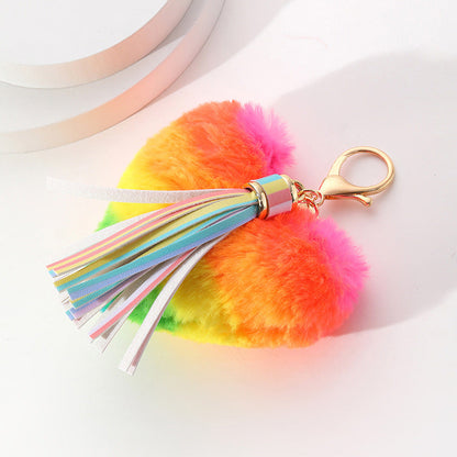 Metal Rainbow Heart Pom Keychain