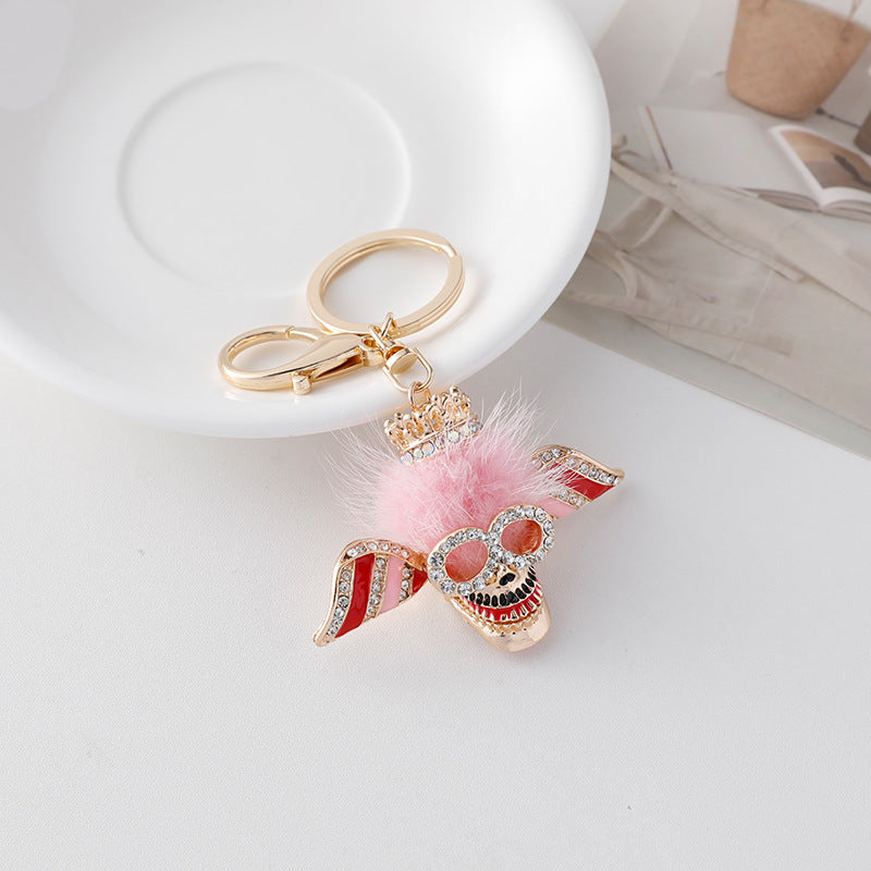 Diamond Inlaid Plush Skull Metal Keychain