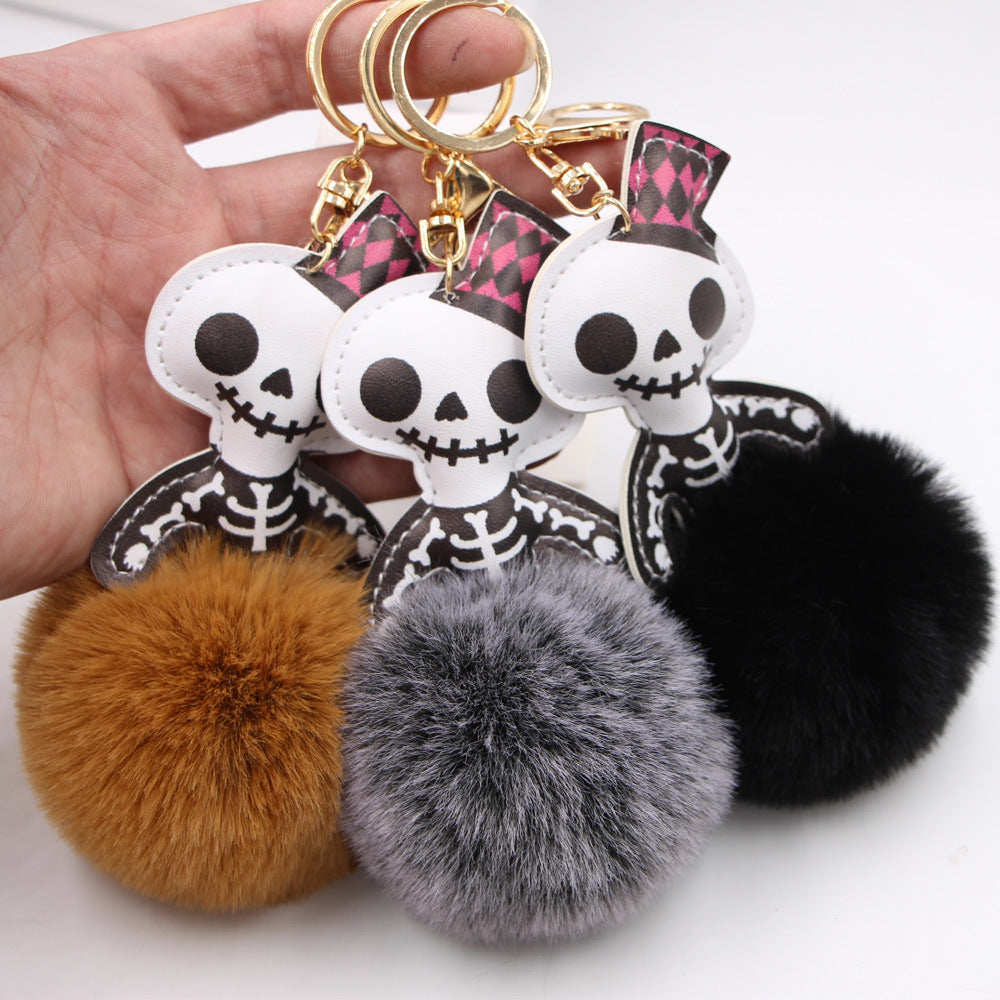 Halloween Leather Skull Fur Ball Keychain