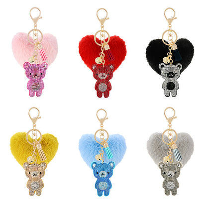 Diamond Velvet Peach Heart Fur Ball Bear Key