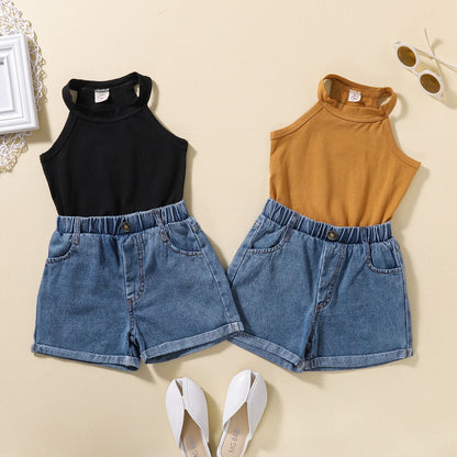 Short Solid Color Vest + Jeans Set Cotton Baby Clothes