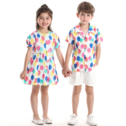 Children's Cotton Printed Shirts and Shorts Sibling Clothing