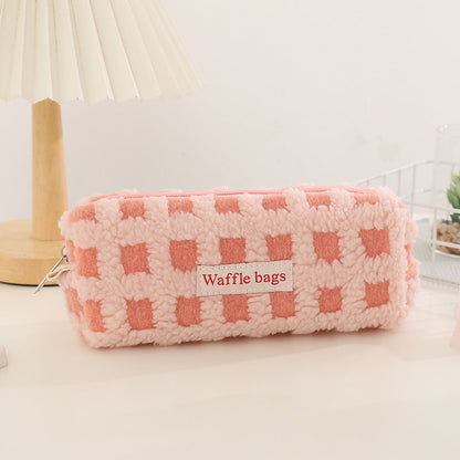 Waffle Lamb Plush Checkerboard Pencil Case