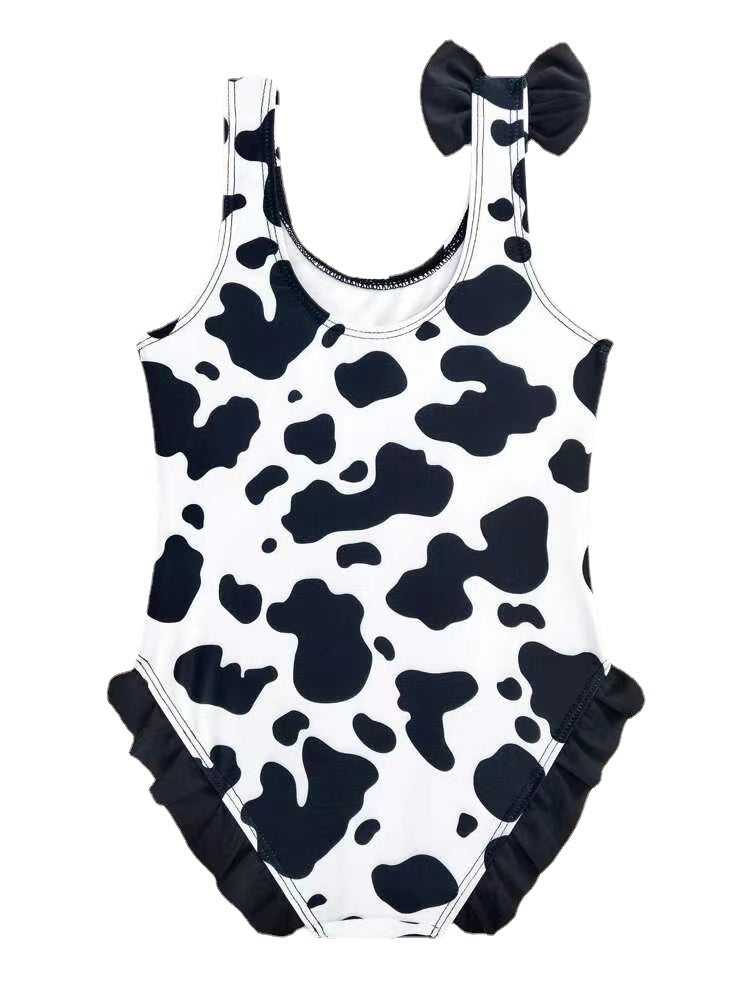 Baby Girls Ruffles Dairy Cow Black and White Bow Swimwear