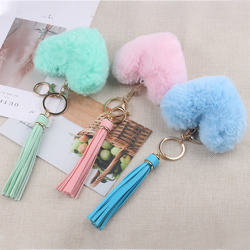 Heart Shaped Fur Ball Tassel Keychain