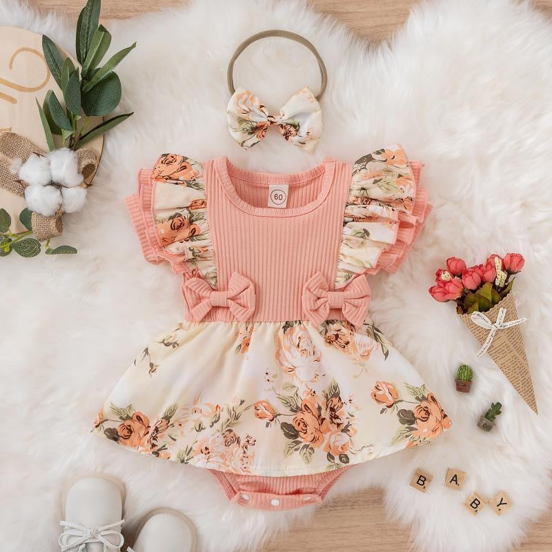 Cotton Jumpsuit with Floral Buns and Baby Crawling Clothes