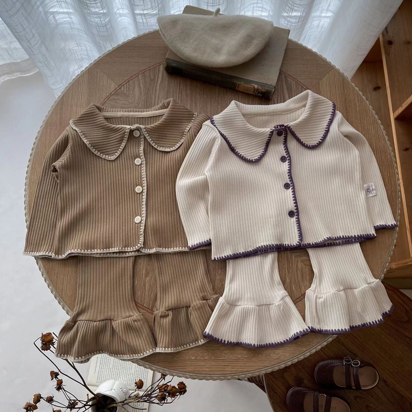 Wholesale Cotton Kids Knitted Separate Suit Contrast Color Cardigan Flare Pants