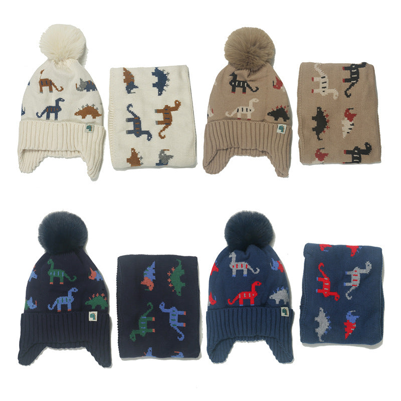 Wholesale Autumn and Winter Children's Dinosaur Plus Velvet Warm Acrylic Scarf and Hat Set of Two