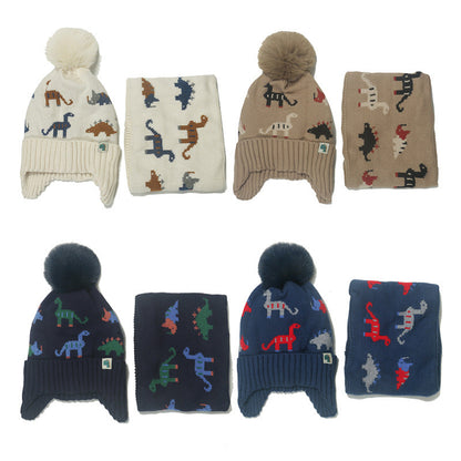 Wholesale Autumn and Winter Children's Dinosaur Plus Velvet Warm Acrylic Scarf and Hat Set of Two