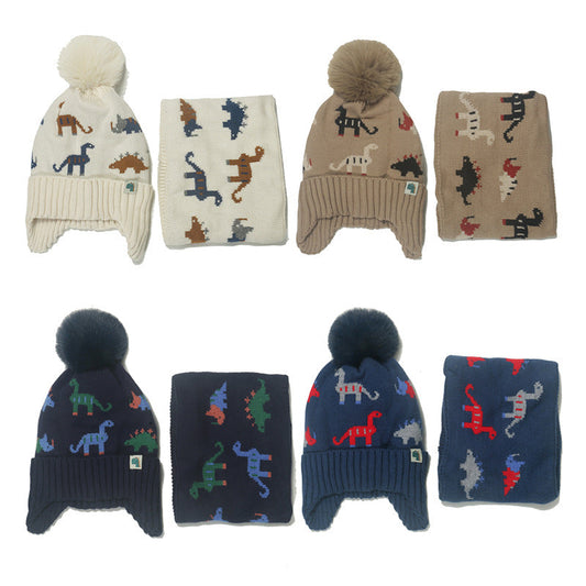 Wholesale Autumn and Winter Children's Dinosaur Plus Velvet Warm Acrylic Scarf and Hat Set of Two