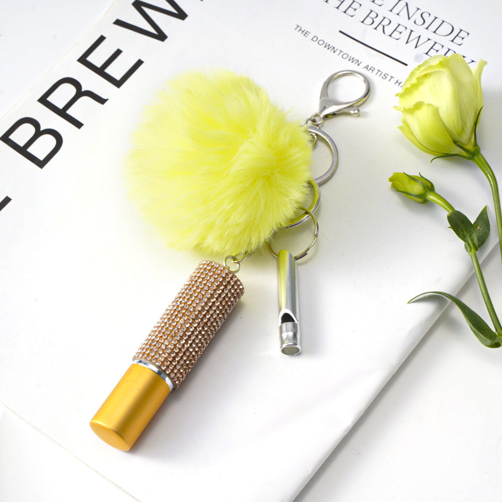 Fur Ball Rhinestone Perfume Bottle Whistle Combination Keychain