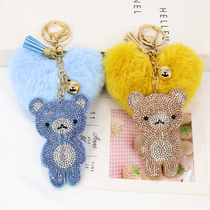 Diamond Velvet Peach Heart Fur Ball Bear Key