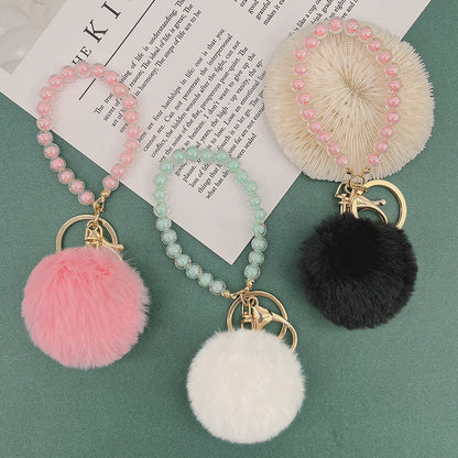 Cute Fur Ball Colorful Beaded Lanyard Keychain