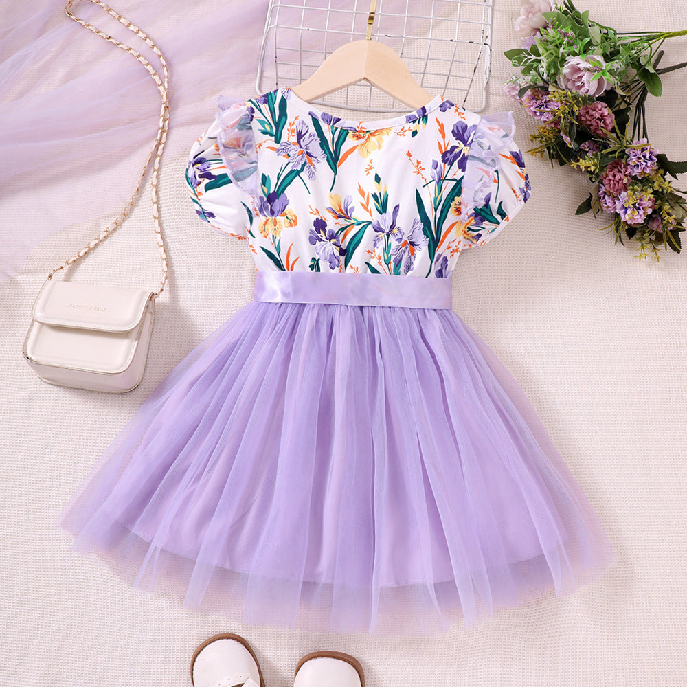 Kids Puff Sleeve Floral Print Mesh Dress Baby Clothes