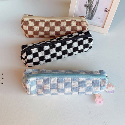 Checkerboard Knitted Large Capacity Wool Pencil Bag