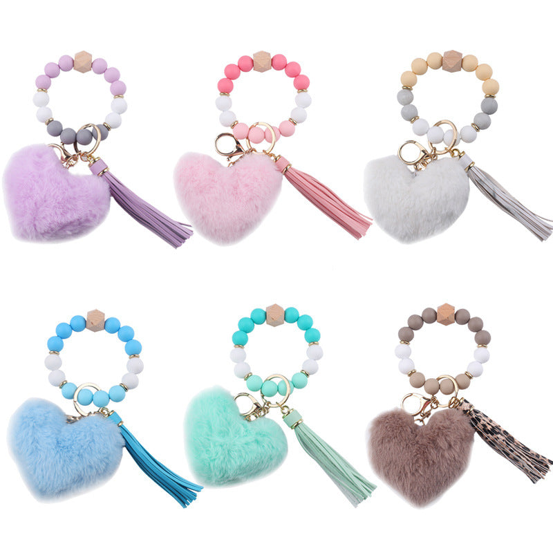 Heart Shape Fur Ball Tassel Silicone Beaded Wrist