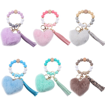 Heart Shape Fur Ball Tassel Silicone Beaded Wrist