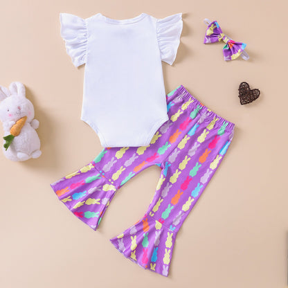 Cotton Children's Sleeve Candy Flower Colored Trumpet Pants Set