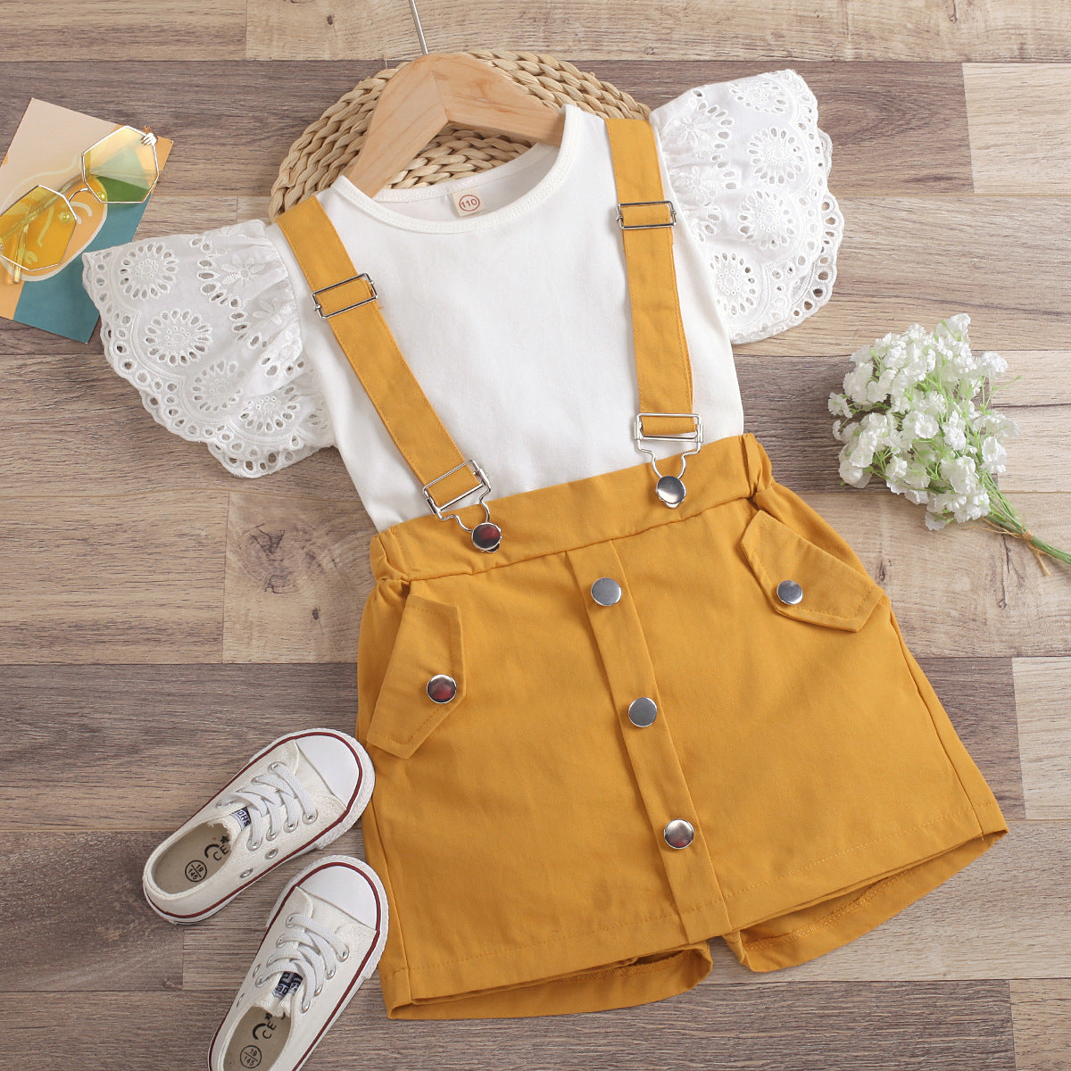 Round Neck Top with Detachable Strap Culottes Baby Clothes