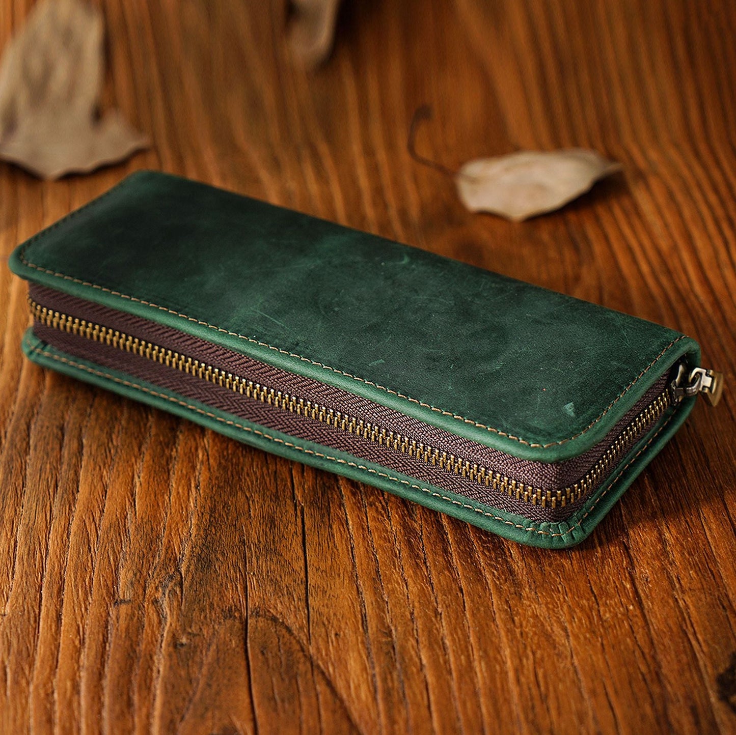 First Layer Cowhide Retro Square Men's Zipper Pencil Case