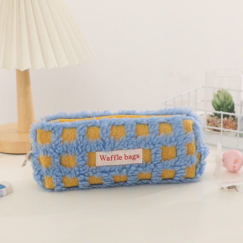 Waffle Lamb Plush Checkerboard Pencil Case