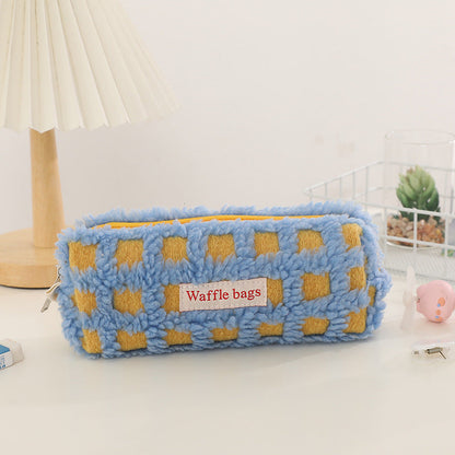 Waffle Lamb Plush Checkerboard Pencil Case