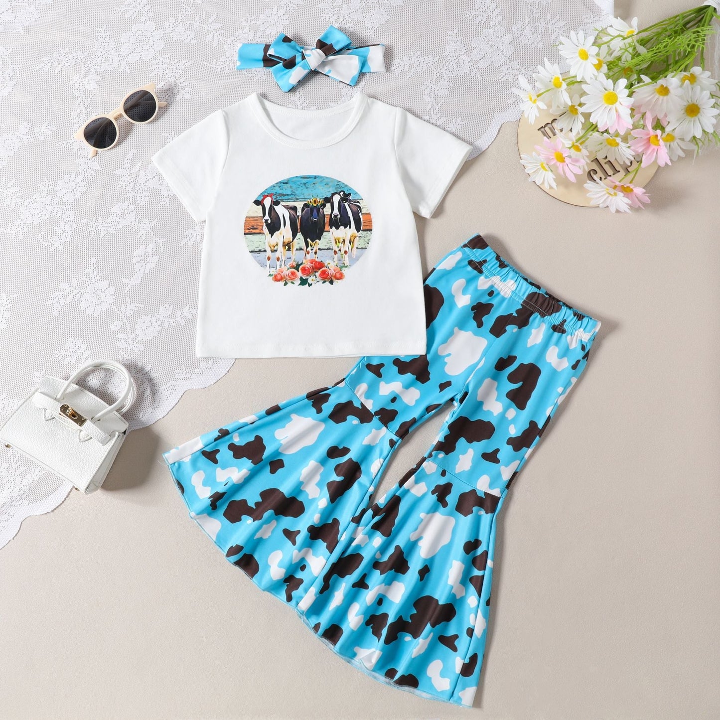 Summer Western Cotton T-shirts and Flared Pants Children's Sets