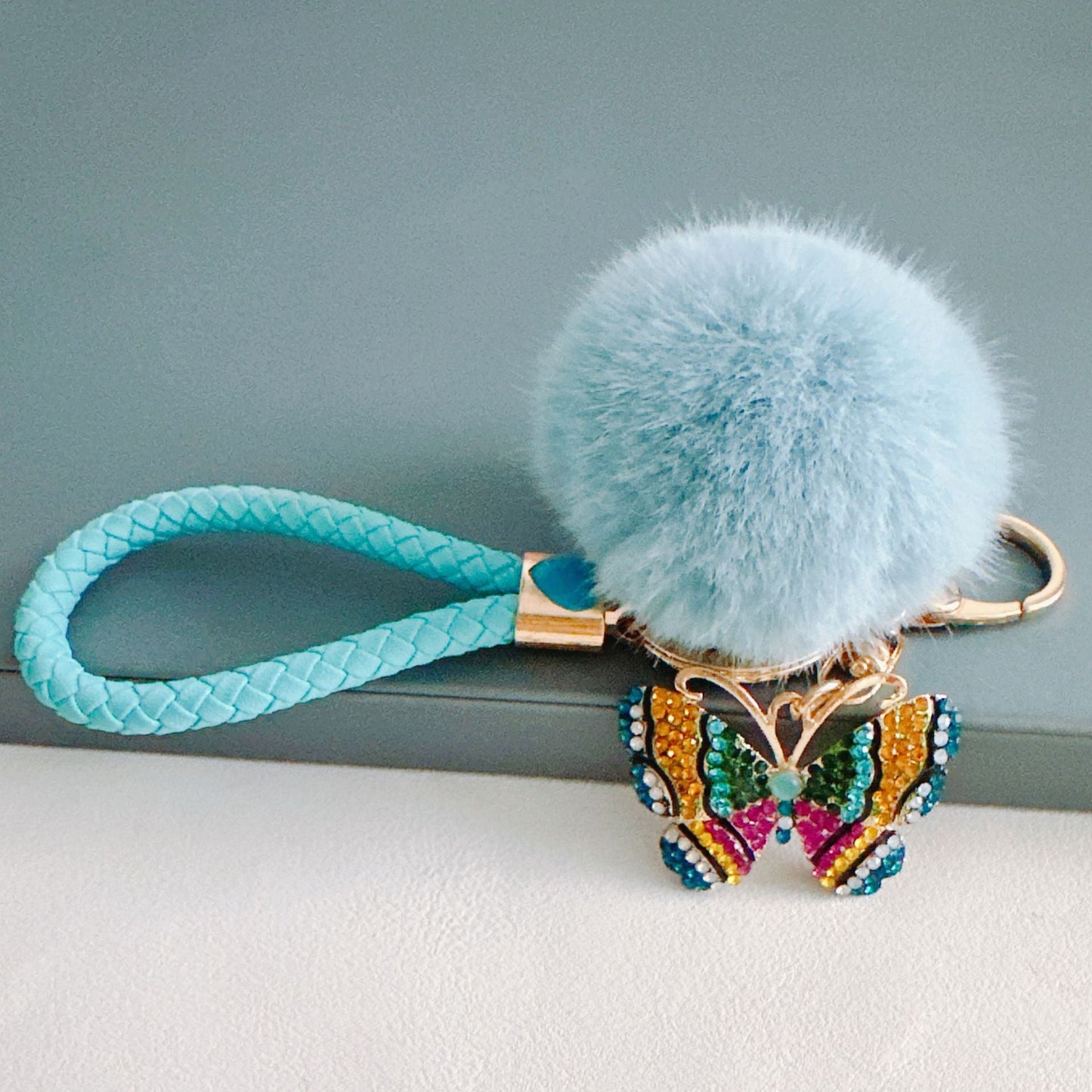 Rhinestone Colorful Butterfly Fur Ball Metal Keychain
