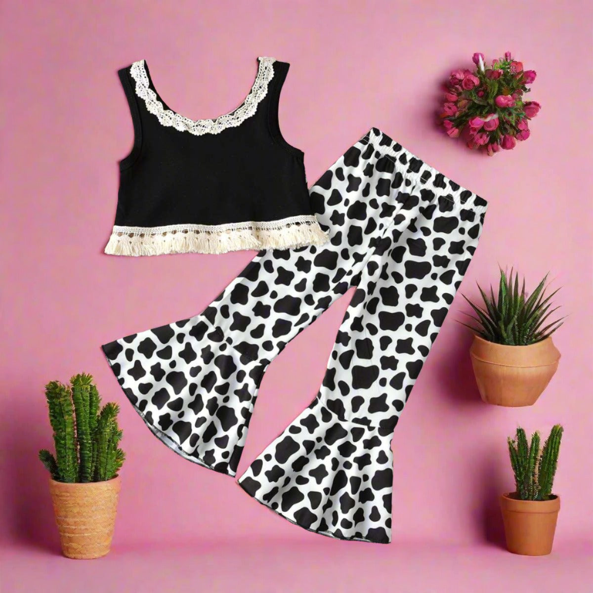 Cotton Children's Leopard Print Bell Bottoms Two Piece Set