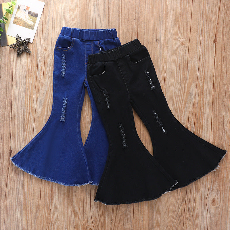 Wholesale Children's Cotton Tight Black Ripped Bell Bottoms