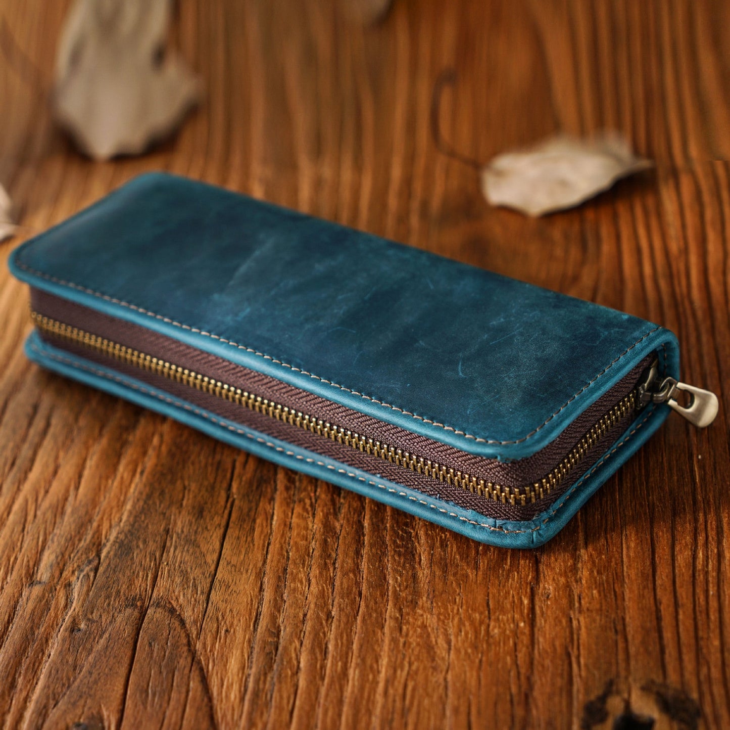 First Layer Cowhide Retro Square Men's Zipper Pencil Case