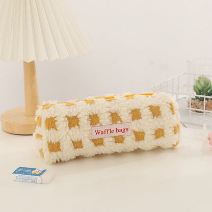 Waffle Lamb Plush Checkerboard Pencil Case