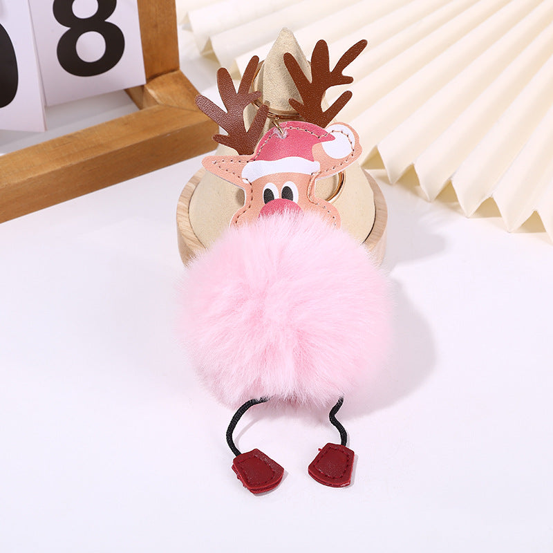 Christmas Leather Elk Santa Claus Fur Ball Keychain