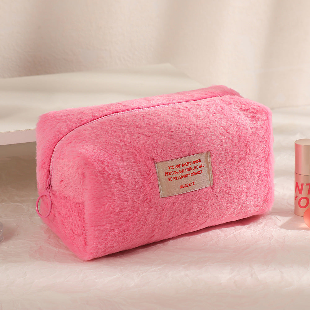 Girls Plush Solid Color Makeup Bag Large Capacity Stationery Storage Bag